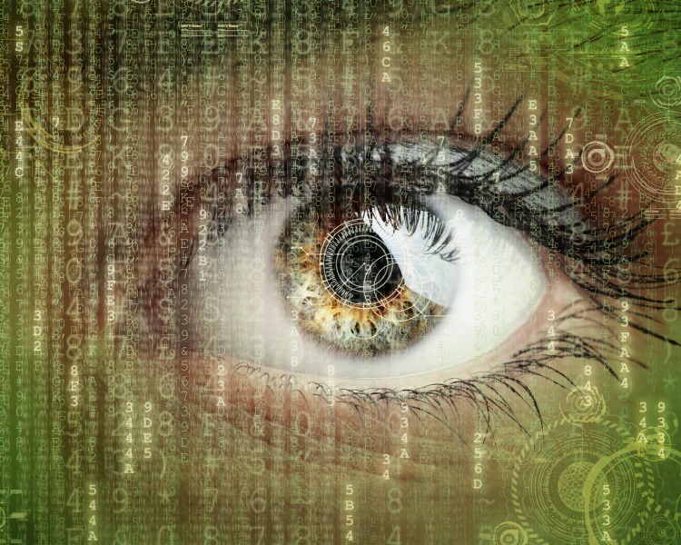 Womans eye with futuristic digital data concept for technology, virtual reality headset, biometric retina scan, surveillance or computer hacker security